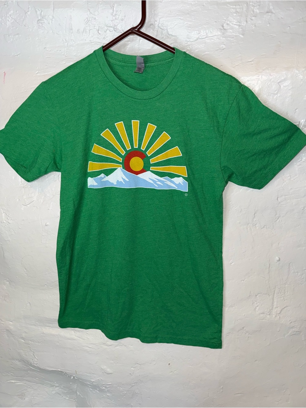 Next Level Apparel Green Tee with Sunrise Mountain Graphic